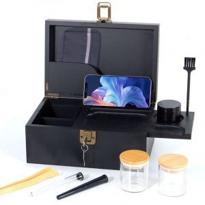 Todeco Grande boîte en bambou avec serrure, Boîte de rangement avec Grinder, bocaux en verre, Plateau amovible et outil d'accessoire, Boîte décorative pour