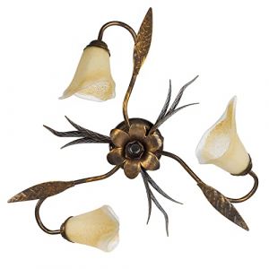ONLI - Plafonnier 3 lumi&egrave;res en m&eacute;tal marron avec nuances dor&eacute;es et verres ambre