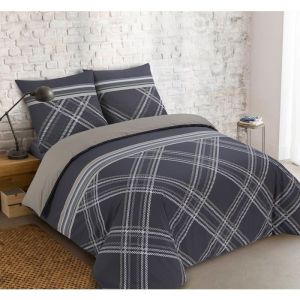 Vision Parure de lit R&eacute;versible 100% Coton - William Beige/Gris - Set de Housse de Couette 140x200 cm avec 1 taie d'oreiller pour lit 1 Personne - Fibres Naturelles - Oekotex