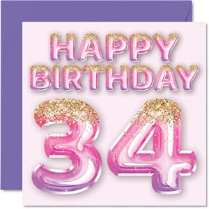 Stuff4 Carte d'anniversaire 34 ans pour femme – Ballons pailletés roses et violets – Cartes d'anniversaire pour femme de 34 ans, amie, sœur, maman, tante, 145 mm x 145 mm