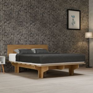 Blumfeldt NordicAura Cadre de Lit 160x200 - Bois d'Eucalyptus fsc, Assemblage Sans Outils, Tête de Lit Haute avec Rangement, Finition Chêne, 160x200 cm