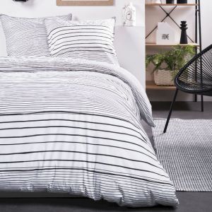 Today Parure De Lit Double à Rayures en Coton Sunshine - Blanc Et Noir - 220 X 240 Cm