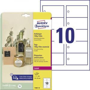 Avery-Zweckform T3001-10 Lot de 100 étiquettes solides avec cordons (90 x 50 mm sur A4, étiquettes de produit imprimables des deux côtés, étiquettes de cadeau indéchirables, résistantes, étiquettes de