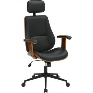 D&eacute;coshop26 Fauteuil de bureau ergonomique et design avec appuie-t&ecirc;te et accoudoirs en bois marron et similicuir noir BUR10705