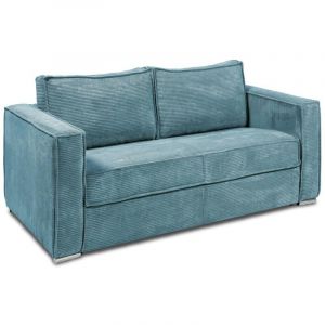 Canapé 3 places convertible express en velours côtelé bleu turquoise - Couchage à lattes larges 140 cm - Matelas 22 cm loreto