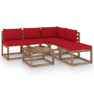 VidaXL Salon palette de jardin 6 pcs et coussins Bois de pin imprégné - Rouge