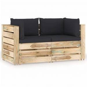 VidaXL Canapé de jardin 2 places avec coussins Bois imprégné de vert - Noir