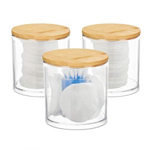 Relaxdays Distributeur coton démaquillant, Boite coton, Range coton organiseur couvercle Set de 3, nature-transparent