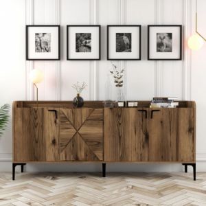 Cotecosy Buffet bas 4 portes Zenger 180cm Bois Naturel et M&eacute;tal Noir