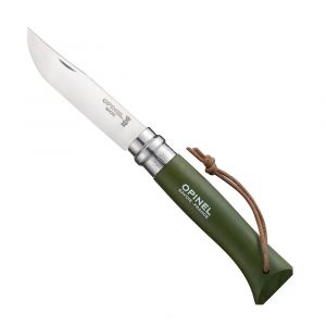 Opinel Couteau n°8 - lame 8.5 cm kaki avec lien en cuir vert en inox H1