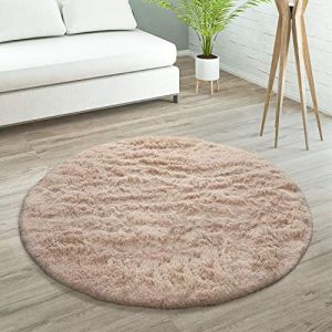 Tapis De Salon Poils Longs Fausse Fourrure Shaggy Moelleux Monochrome, Dimension:160 cm Rond, Couleur:Beige