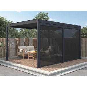 Image de Pergola bioclimatique autoportante &eacute;lectrique anthracite en aluminium avec lames orientables et rideau r&eacute;tractable 3,67 m - 12 m&sup2;