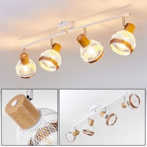 Hofstein Plafonnier Bariloche en bois, raffia & métal blanc, 4 spots de plafond pivotants créant un effet lumineux au plafond par les abat-jours grillagés, pour 4 ampoules E27 max. 60 Watt, compatible LED