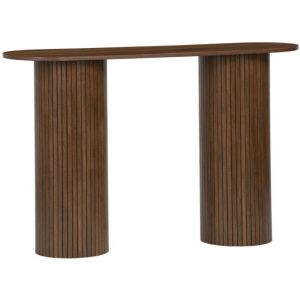 Console ovale scandinave effet bois rainuré, pieds ronds, couleur noyer, l 120 x p 35 x h 75cm