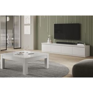 Deyton - Ensemble Salon Laqu&eacute; Blanc Meuble tv 4 Portes + Table Basse Carr&eacute;e