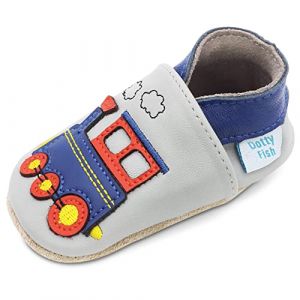 Dotty Fish Chaussures Cuir Souple pour Tout-Petits et Bébé. Semelle Souple antidérapante. Gris Clair avec Train Bleu. 18-24 Mois (23 EU)