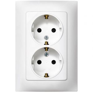 SIMON - Prise double surface Schuko, s&eacute;rie Simon 10, 250 V, 10 A, prise murale plate et fine, facile &agrave; installer, avec cadre, couvercle et m&eacute;canisme, base de prise femelle blanche