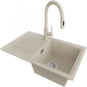 PRIMAGRAN Evier Cuisine en Granit 70x44cm,Lavabo 1 bac + Robinet 40x20cm + Kit de Vidage, &Eacute;vier &agrave; Encastrer au meuble 45cm - Copenhague Easy, Beige