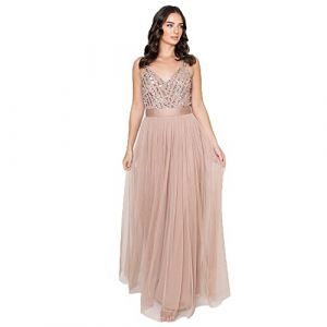 Maya Deluxe Maya Berry Embellished Halter Neck Maxi Dress Robe de Demoiselle d'honneur, Blush taupe, 40