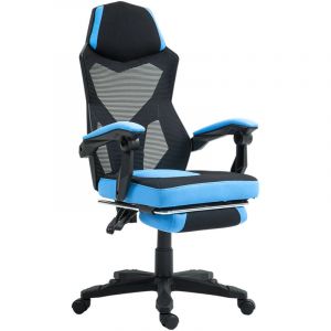 Homcom Fauteuil gaming chaise gamer dossier et hauteur réglable roulettes pivotantes repose-pied tissu maille bleu noir