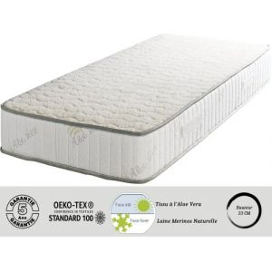 Literie Julien Matelas Super 140x190 x 23 cm + Oreiller Visco + Alèse Ferme Face Hiver Pure Laine Merinos Noyau Poli Lattex HR De