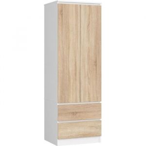 Armoire AKORD S60 Blanche 60 cm 2 portes 2 tiroirs fa&ccedil;ade Ch&ecirc;ne Sonoma 1 &eacute;tag&egrave;re 60x51x180 cm