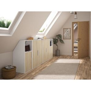 Meuble sous pente 6 portes et 2 niches - Blanc et naturel - ADEZIO