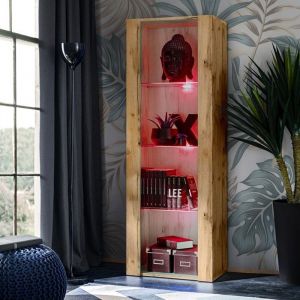 Vitrine Armoire Tivoli, Wotan/Wotan, Largeur 55cm x Hauteur 159cm x Profondeur 35cm, led rgb, 3 étagères, pour Salon, Chambre, Entrée - Komodee
