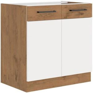 Rock Meuble sous évier - Mélaminé chêne Lancelot et Blanc brillant - 80 cm - 2 portes battantes