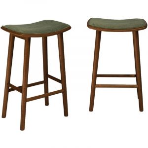 Lot de 2 tabourets de bar vintage bois d'h&eacute;v&eacute;a noyer et velours c&ocirc;tel&eacute; - 46.5 x 31 x 70 cm - Louna Noyer / Kaki