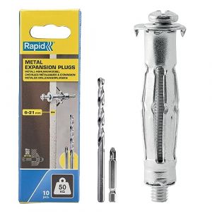Rapid Chevilles à Expansion en Métal pour Cloison en Plâtre de 6 à 21 mm, Lot de 10 Chevilles, Charge Maximale 50 kg, Chevilles pour Plâtre & Aggloméré (5001553)