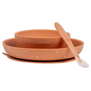 Nattou Vaisselle en Silicone pour Enfants, Set Repas 3 Pièces, 1 Cuillère, 1 Assiette, 1 Bol, Antidérapants, sans BPA, Vegan, Silicone, Motif Terracotta