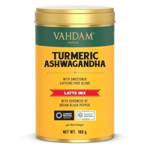 VAHDAM, Curcuma Latte Et Ashwagandha (40 Tasses, 100g) Sans Caféine | Curcumine, Curcuma Et Ashwagandha | Infusion De Thé Chaud Ou Glacé, Latte Au Curcuma
