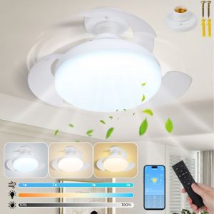 Ventilateur Plafond avec Lumiere Blanc - Ampoule Ventilateur E27 à Pales Pliables, Contrôle APP/Télécommande, 4 Vitesses, Lumière Réglable