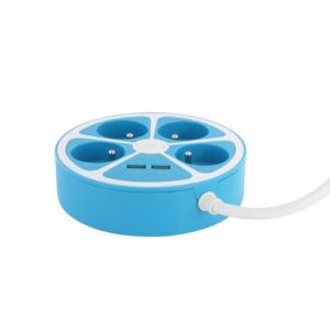 Chacon Multiprise Design Circulaire 4X16 A Cordon 1,5m avec 2 USB-A + Interrupteur - Bleu
