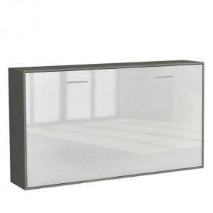 Image de Inside75 Armoire lit horizontale escamotable STRADA-V2 structure gris graphite mat façade blanc brillant couchage 90*200 cm. - bi color