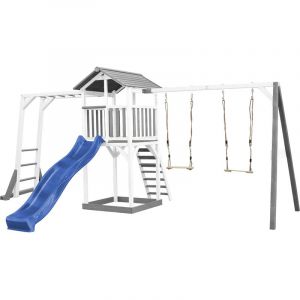 Axi Beach Tower Aire de Jeux avec Toboggan en bleu, Cadre d'escalade, 2 Balançoires & Bac à Sable | Grande Maison enfant extérieur en gris & blanc |