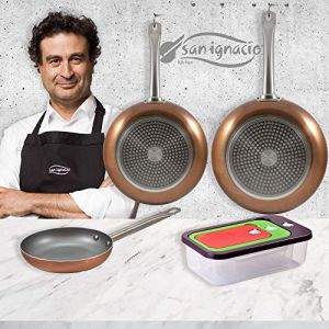 San Ignacio Set de 3 po&ecirc;les &agrave; frire &Oslash;18/&Oslash;24/&Oslash;26 cms. en aluminium press&eacute;, induction, avec Set de 3 r&eacute;cipients pour aliments, multicolores