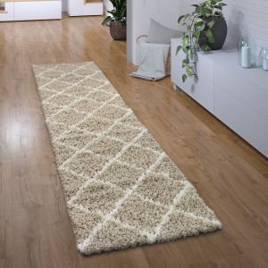 Paco Home - Tapis Poil Long Tapis Couloir Chambre Shaggy Moderne Motif Diamant Scandinave 80x300 cm, Beige