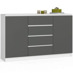 Grande Commode pour le salon AKORD K160 Blanche 160 cm 2 portes 4 tiroirs façade Gris Graphite 4 étagères 160x40x99 cm