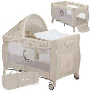 Lionelo Sven Plus boîte 2 en 1 lit bébé, Table à Langer, Jouets, baldaquin Suspendu avec moustiquaire, entrée latérale supplémentaire Rouleaux, Mobiles (Beige Latte, 1 Unité (Lot de 1))