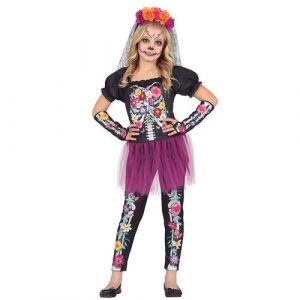 FIESTAS GUIRCA Déguisement Squelette Fleurie - Robe Avec Tutu, Pantalon Et Gants Avec Imprimé Fleurie Pour Fille 7-9 Ans
