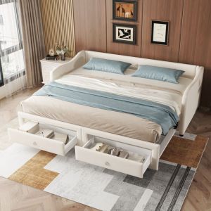 Canap&eacute;-lit enfant 90x200cm avec 2 tiroirs, sans matelas, lin, style simple, beige