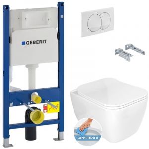 Image de Geberit Pack WC Bâti-support Duofix + Cuvette sans bride Havana Idevit + Abattant frein de chute + Plaque Blanche (HavanaGeb3)