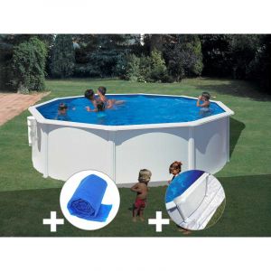 Image de Gre Kit piscine acier blanc Bora Bora ronde 4,80 x 1,22 m + Bâche à bulles + Tapis de sol