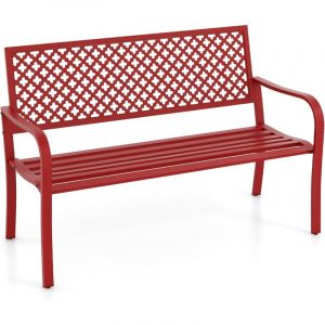 Costway Banc De Jardin Extérieur Pour 2 Personnes, Dossier Ajouré, Siège À Lattes, Accoudoirs, Pour Pelouse Terrasse Parc, Rouge