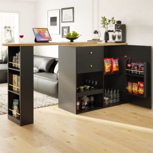 Buffet 105×39×102cm, avec table rotative à 360°, 2 tiroirs, cuisine salon armoire haute, mdf, noir