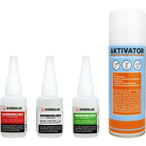 Everglue coffret Colle Cyano superglue longue durée viscosité fin + moyen + épais 3 pots 20g + act