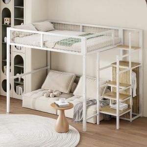 Lit mezzanine 140x200cm, lit enfant avec échelles, étagères de rangements et armoire de rangement, cadre en fer, blanc