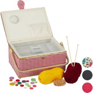 Image de Relaxdays Boîte à couture, sans contenu, entoilage amovible, couvercle, portable, design coloré, panier, rouge /blanc